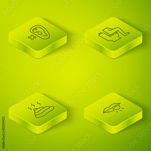 Set Isometric line Constipation, Shit, Herpes lip and Deaf icon. Vector.