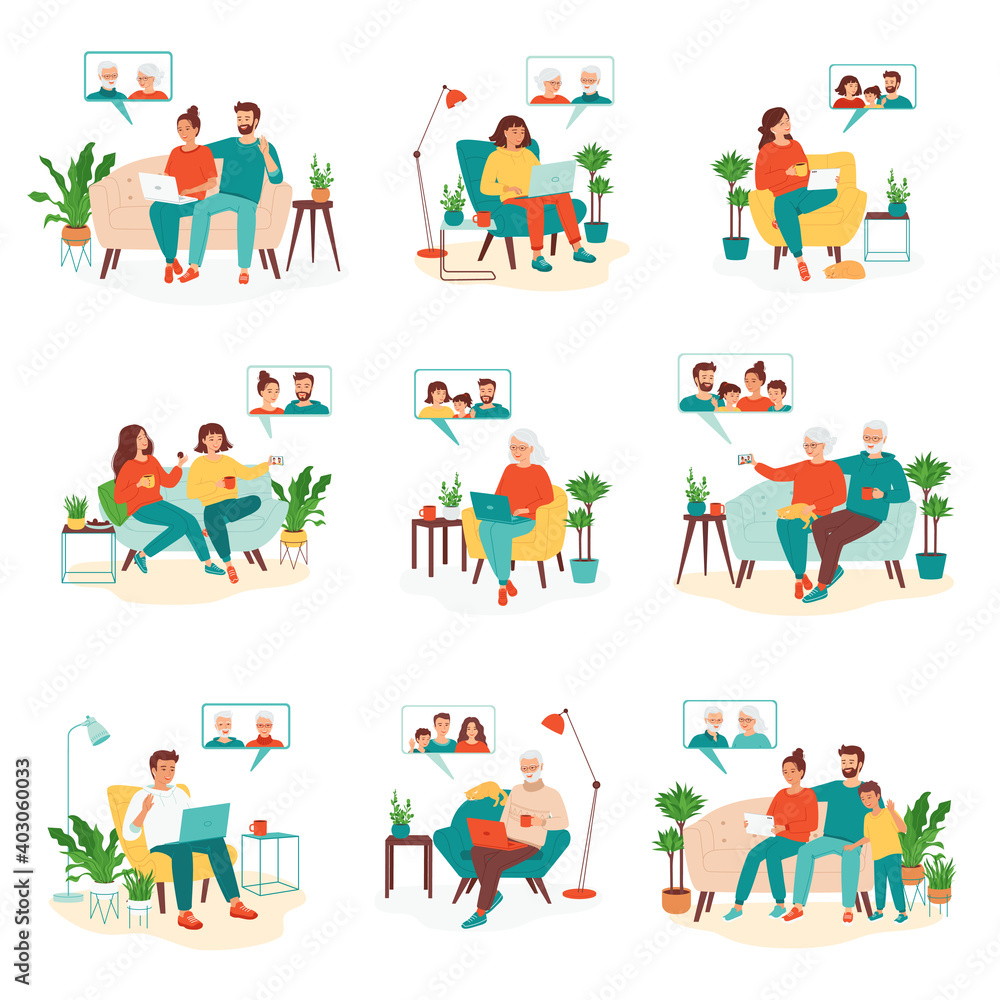 Naklejka premium People communicate with their families via video calls. Concept remote family meetings. Grandma, grandpa, children, grandchildren, parents talk using a laptop, phone, tablet. Set vector illustration