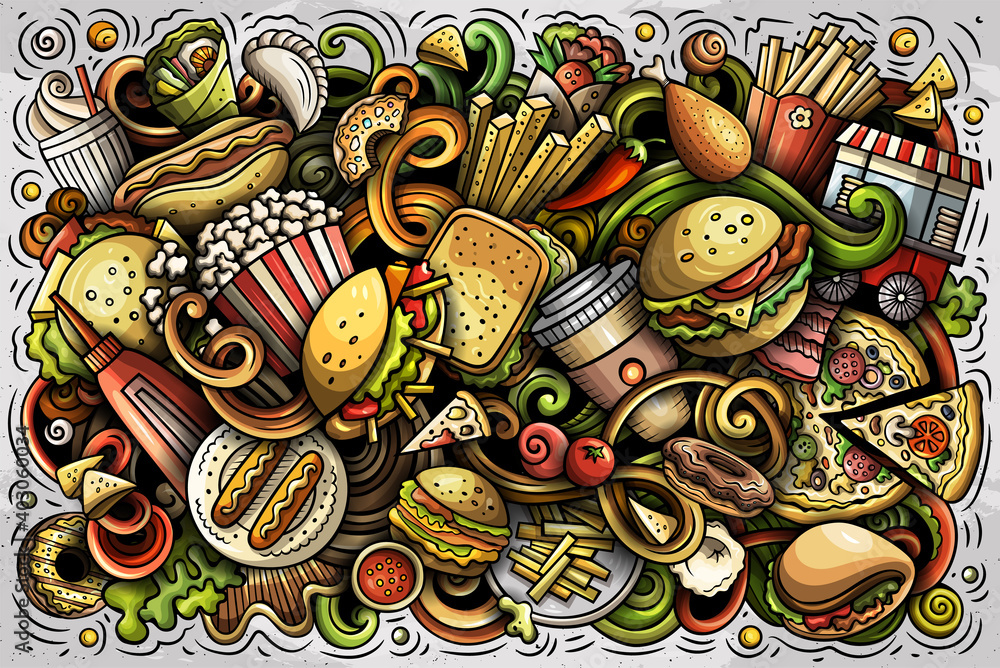 Fastfood hand drawn cartoon doodles illustration. Colorful raster banner