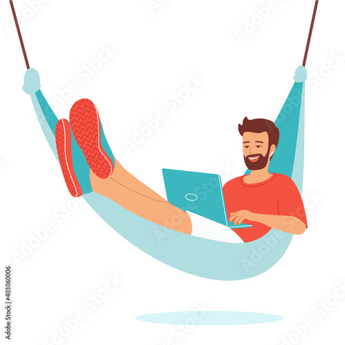 Young happy smiling man with a laptop lies in a hammock. Remote employee, freelancer, online student, teacher, e-learning. Isolated vector illustration