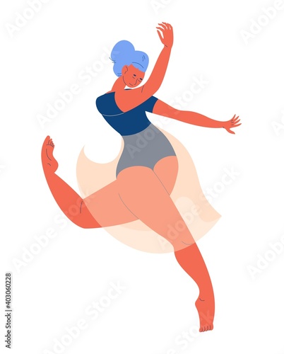 Woman isolated on white in dynamic pose dancing contemporary dance. Vector female character smiling drawn in cartoon style