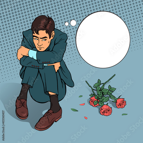 The girl refused to love the young man. Sad man sits on the floor with thrown roses. Vector comic pop art illustration.
