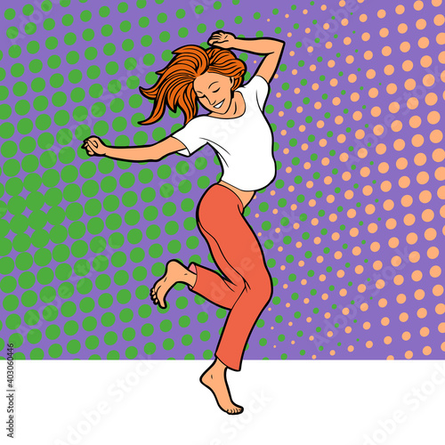 Young beautiful girl dancing. Happy female character. Vector isolated illustration pop art.