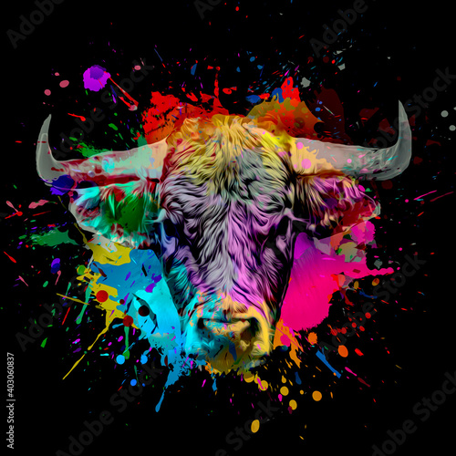 bull in colorful paint splashes on black background