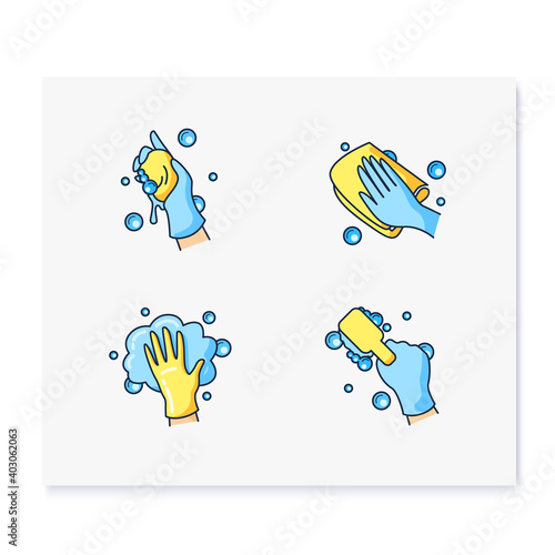 Surface wiping color icons set. Housekeeper hand in glove collection. Wet cleaning with sponge, brush napkin and more. Housekeeping and surface disinfection concept. Isolated vector illustration