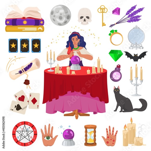 Gypsy fortune teller with magic crystal ball, candles on table, flat vector illustration. Astrology, mystical fortuneteller accessories. Tarot cards, spell book, potion. Occultism, palmistry, esoteric