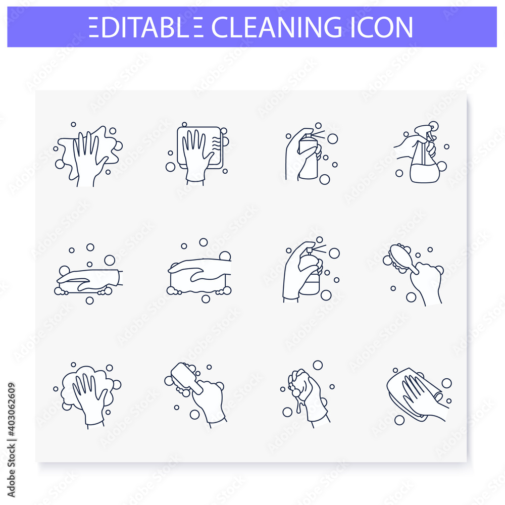 Surface wiping line icons set. Housekeeper hand collection. Wet cleaning with sponge,brush, napkin and more. Housekeeping and surface disinfection concept. Isolated vector illustration.Editable stroke
