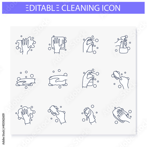 Surface wiping line icons set. Housekeeper hand collection. Wet cleaning with sponge,brush, napkin and more. Housekeeping and surface disinfection concept. Isolated vector illustration.Editable stroke