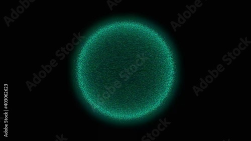 Spherical explosion of green energy particles animation on black background in 4k UHD.