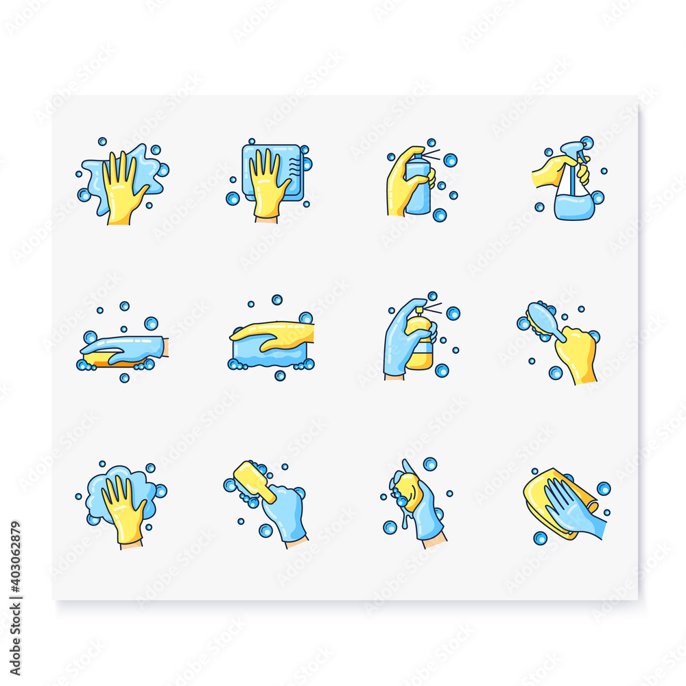 Fototapeta premium Surface wiping color icons set. Housekeeper hand collection. Wet cleaning with sponge, detergent, brush, napkin and more. Housekeeping and surface disinfection concept. Isolated vector illustration