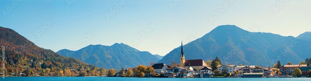 spa town Rottach-Egern panorama in autumn, tourist destination upper bavaria. landscape panorama with blue sky and copy space