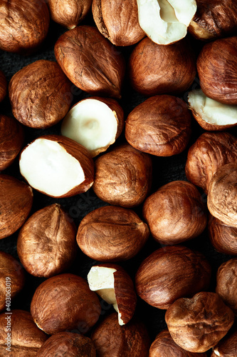 Close up of Hazelnut kernels - Food Frame Background, macro detailed close up.