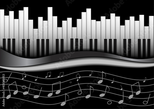 Vector : Piano and music notes symbol with reflect on black background