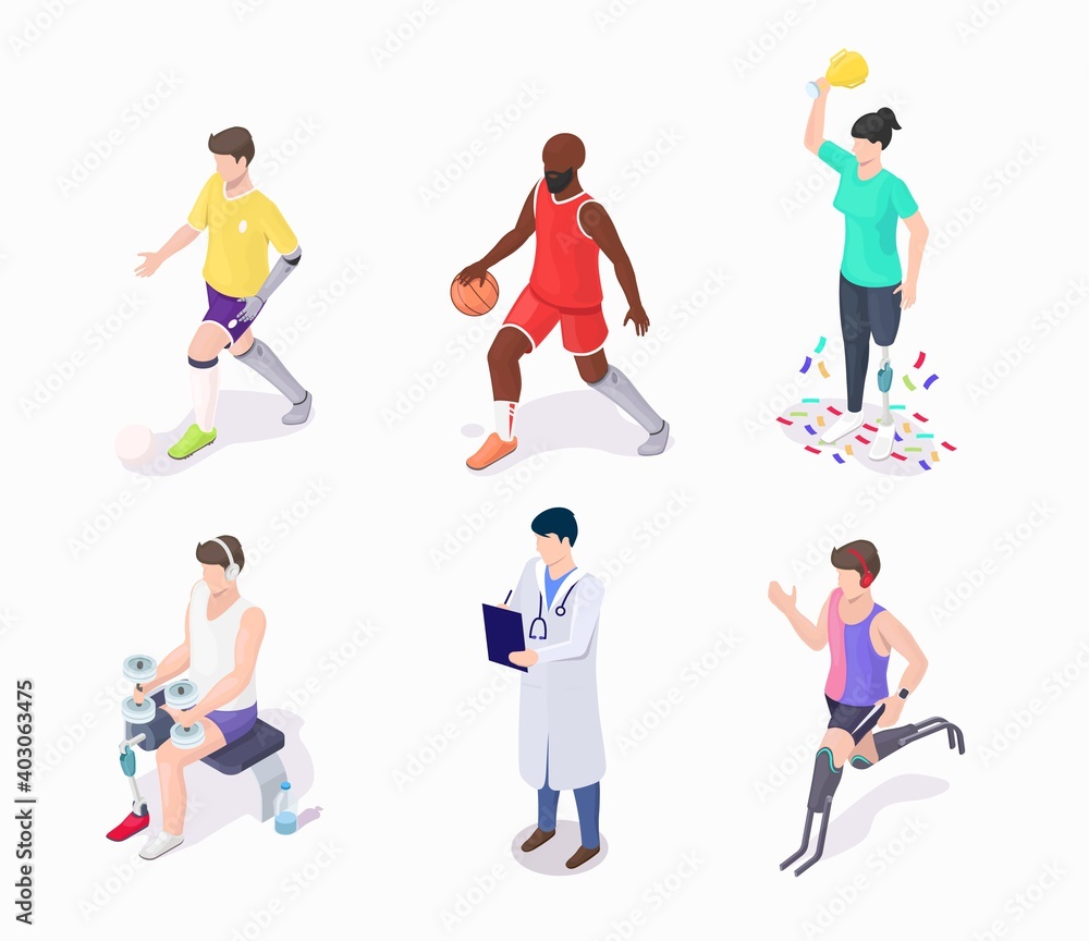 Active people with disabilities, flat vector illustration. Isometric male, female characters doing sports with runner blades, arm and leg prosthesis. Disabled athletes with artificial prosthetic limb. Active people with disabilities, flat vector illustration. Isometric male, female characters doing sports with runner blades, arm and leg prosthesis. Disabled athletes with artificial prosthetic limb.