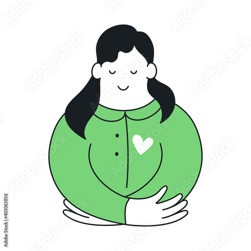 Self-love, self-care, and self-respect. The cute beautiful girl hugs herself. Flat line modern elegant vector illustration on white background.