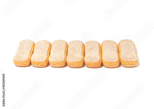 Ladyfingers or savoiardi biscuit, italian dessert and sponge cookies, isolated on white background