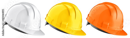 Set of white, yellow, orange construction helmets. 3d rendering of safety hard hats isolated on a white background. photo