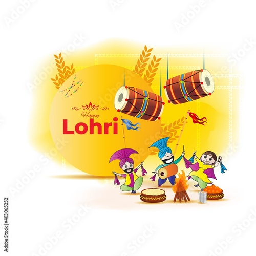 Vector illustration of Happy Lohri celebration concept banner, people dancing and celebrating with drum, Punjabi festival.