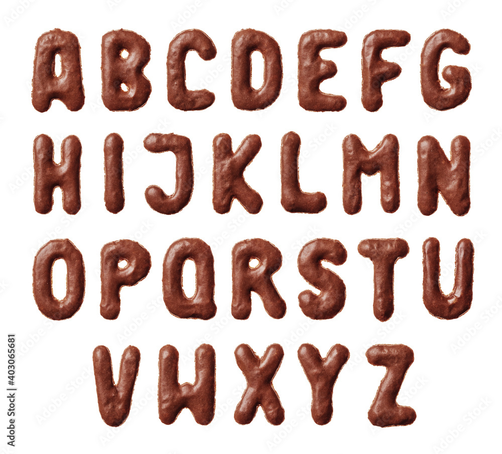 Alphabet letters made of real cookies, isolated on white background, closeup