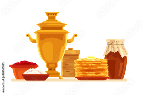 Maslenitsa holiday table. Traditional vector illustration of a festive treat for Shrovetide: samovar, pancakes, jam, curd. Vector set on the theme of Russian Maslenitsa for banner or greeting card.