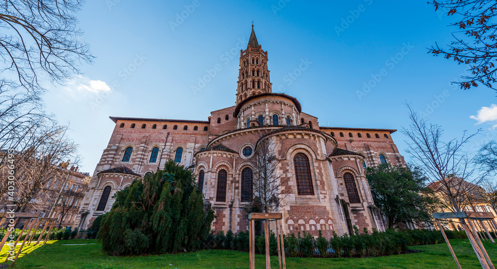 The rear of the Saint Sernin basilica in Toulouse in Haute-Garonne, Occitanie, France