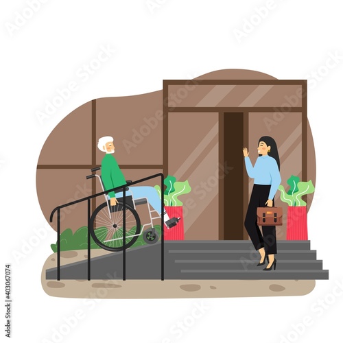 Disabled senior man in wheelchair using staircase with accessibility ramp at house entrance, flat vector illustration.