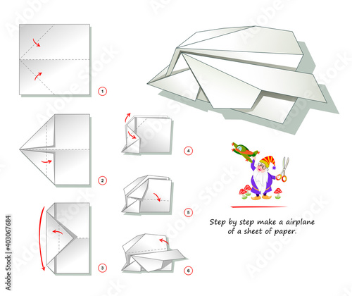 Printable template for kids with instructions for folding paper game Origami. How step by step make a plane of a sheet of paper. Developing children skills for hand work. Back to school. Play online.