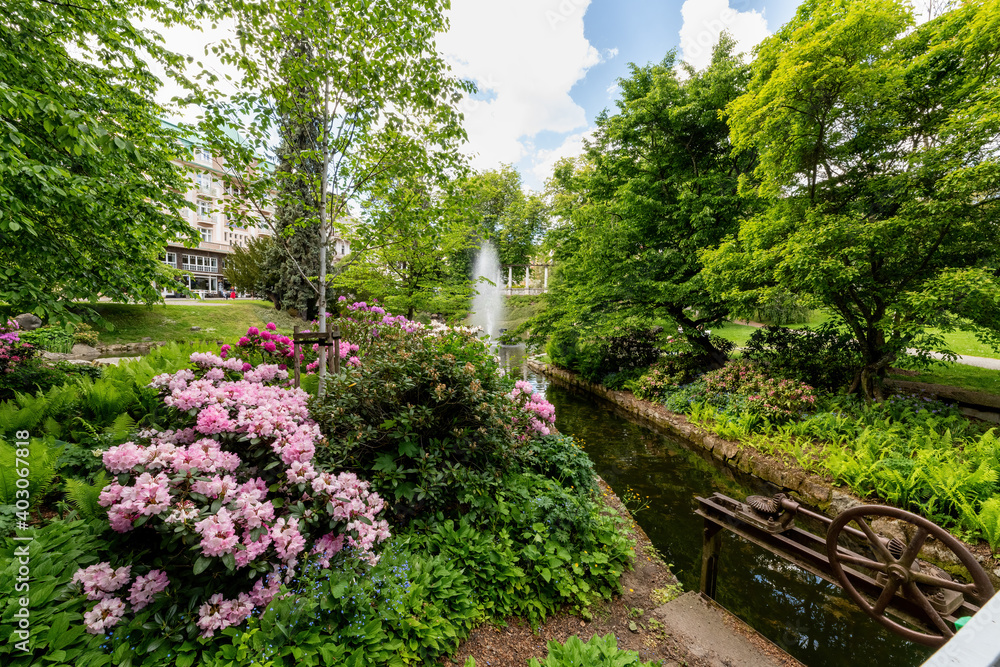 Beautiful garden with blooming flowers, a small stream and a fountain. A peaceful place full of greenery and colourful flowers.