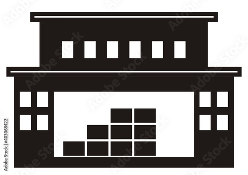 central warehouse with office, black silhouette, vector icon