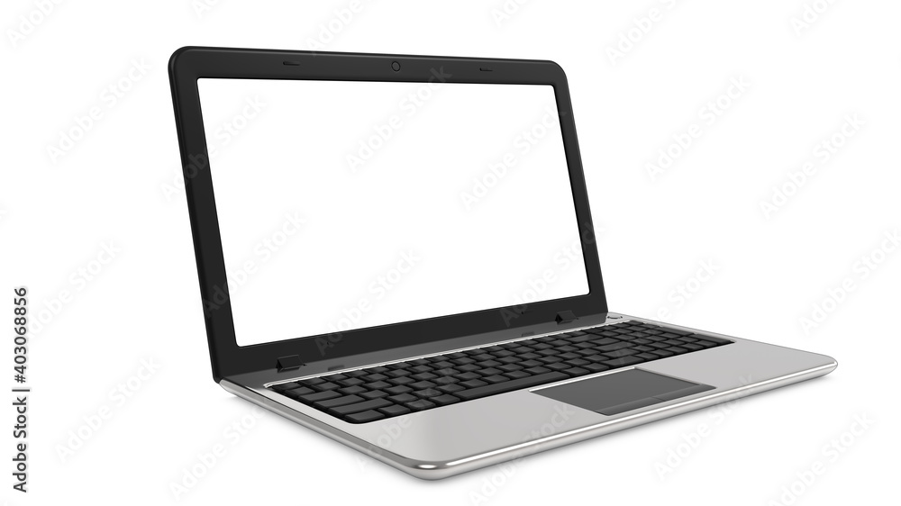 Laptop with white blank screen with aluminium body in mockup style. 3d rendering of Notebook computer isolated on a white background Laptop with white blank screen with aluminium body in mockup style. 3d rendering of Notebook computer isolated on a white background