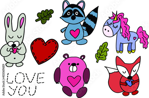 set of funny cartoon animals, forest baby animals and love you sign and heart