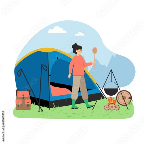 Hiking scene, flat vector illustration. Traveler, hiker female character cooking meal on fire. Nature tourism, camping.