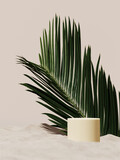 Minimal mockup background for product presentation. Podium and green palm leaf with white sand beach on beige background. 3d rendering illustration. Clipping path of each element included.