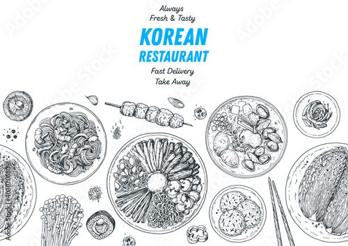 Korean food top view illustration. Hand drawn sketch. Bibimbap, kimchi, ramen, noodles, skewers. Korean street food, take away menu design. Vector illustration.