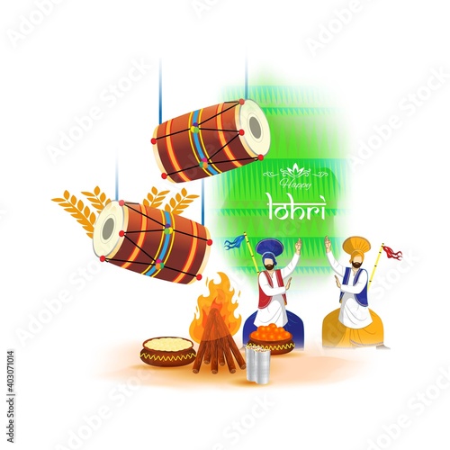 Vector illustration of Happy Lohri celebration concept banner, people dancing and celebrating with drum, Punjabi festival.