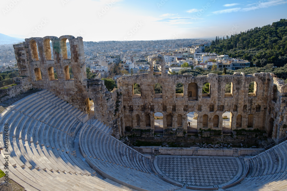 Athens - December 2019: view of Theatre of Dionysus