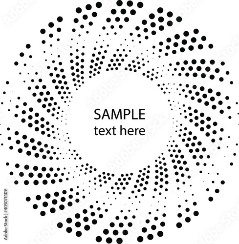 Black vector halftone dotted shape in vortex form. Vector illustration. Design element for logo, sign, blackout tattoo, web pages, prints, posters, template, monochrome pattern and abstract background