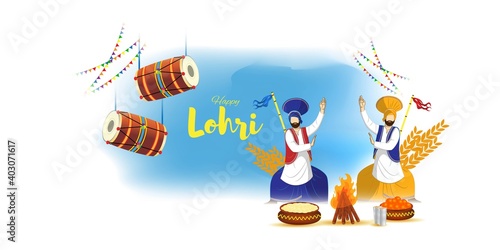 Vector illustration of Happy Lohri celebration concept banner, people dancing and celebrating with drum, Punjabi festival.
