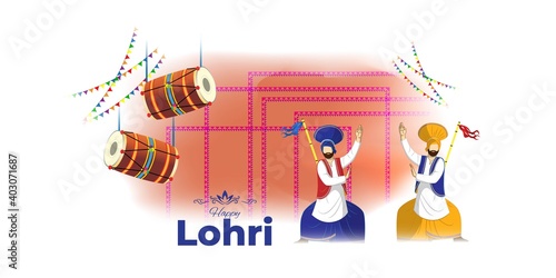 Vector illustration of Happy Lohri celebration concept banner, people dancing and celebrating with drum, Punjabi festival.