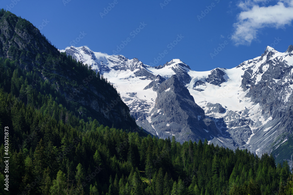 Obraz premium Mountain landscape along the road to Stelvio pass at summer
