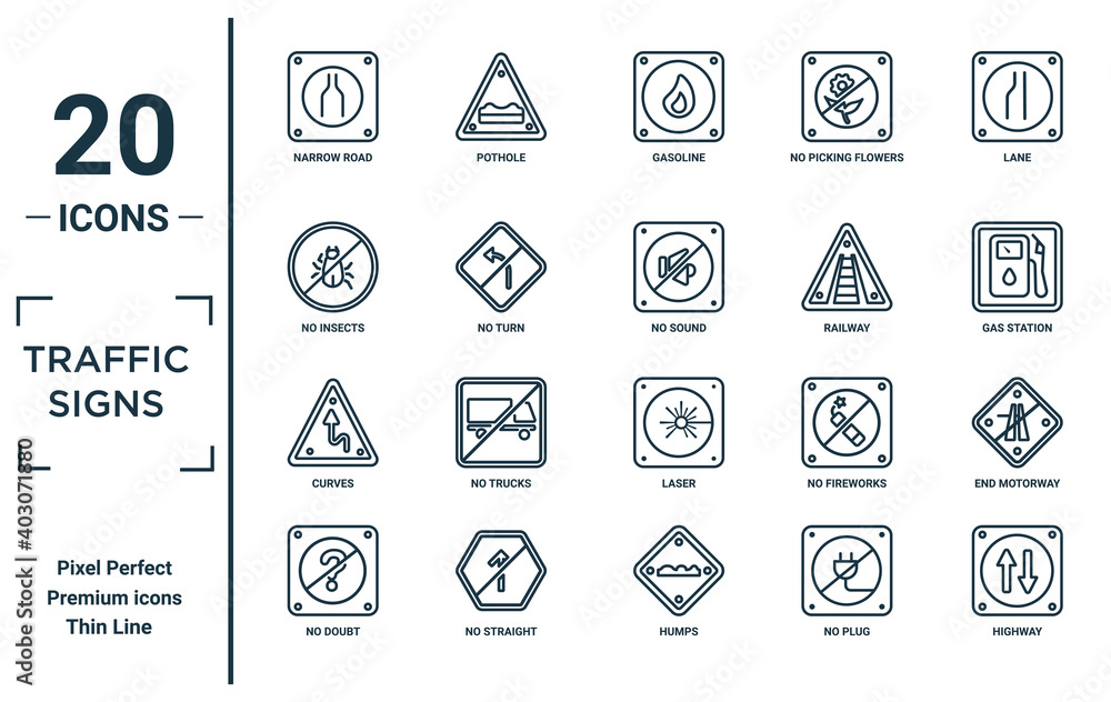 traffic.signs linear icon set. includes thin line narrow road, no ...