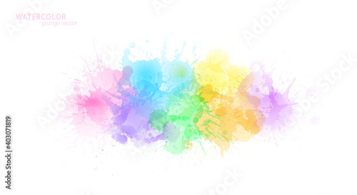 Watercolor effect vector stains. Grunge splatter. Paint stains. Ink spots. Colorful splatter. Watercolor drops. Grunge colorful paint overlay.