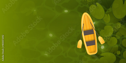 A yellow boat floats through a swamp with water lily leaves, top view. Background for a summer poster with a place for text. Vector.