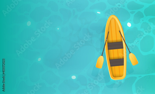 Yellow boat with oars. Turquoise water surface in the ocean. View from above. Background for a summer poster with a place for the text. Vector.