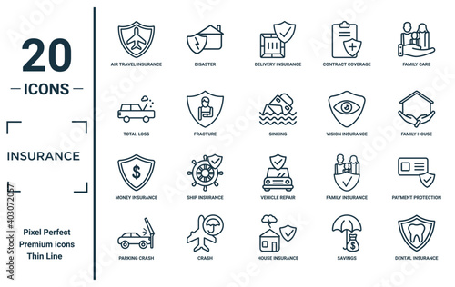 insurance linear icon set. includes thin line air travel insurance, total loss, money insurance, parking crash, dental sinking, payment protection icons for report, presentation, diagram, web design