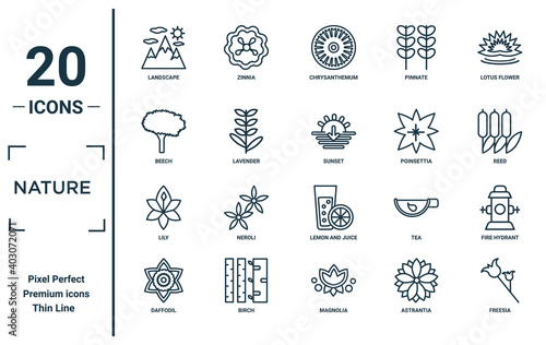 nature linear icon set. includes thin line landscape, beech, lily, daffodil, freesia, sunset, fire hydrant icons for report, presentation, diagram, web design