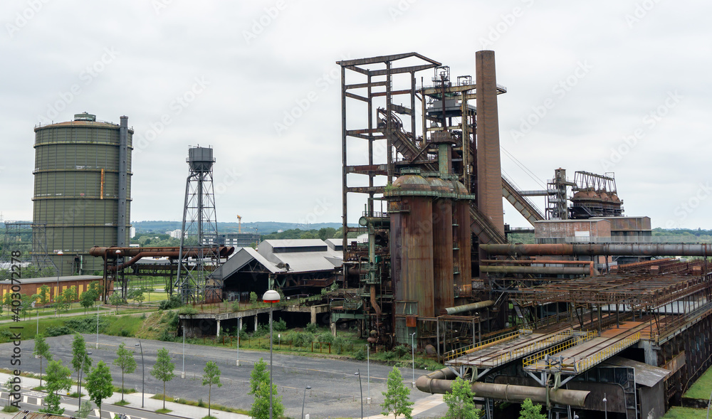 Blast Furnace in Dortmund, Germany. The coal mining and steel in the region collapsed and nowadays this colossal buildings are abandoned and unused.
