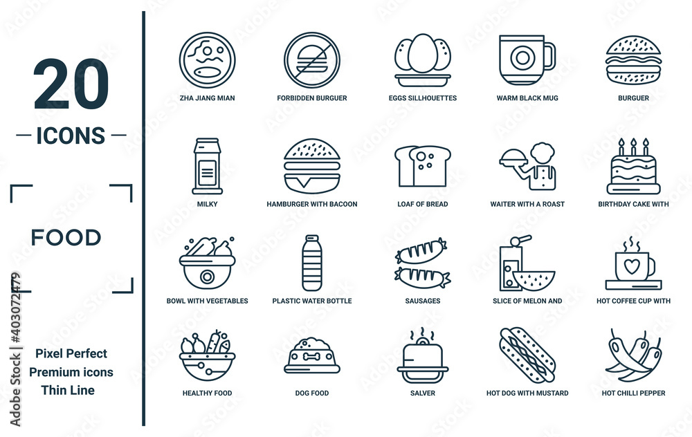 food linear icon set. includes thin line zha jiang mian, milky, bowl with vegetables, healthy food, hot chilli pepper, loaf of bread, hot coffee cup with hearts icons for report, presentation,