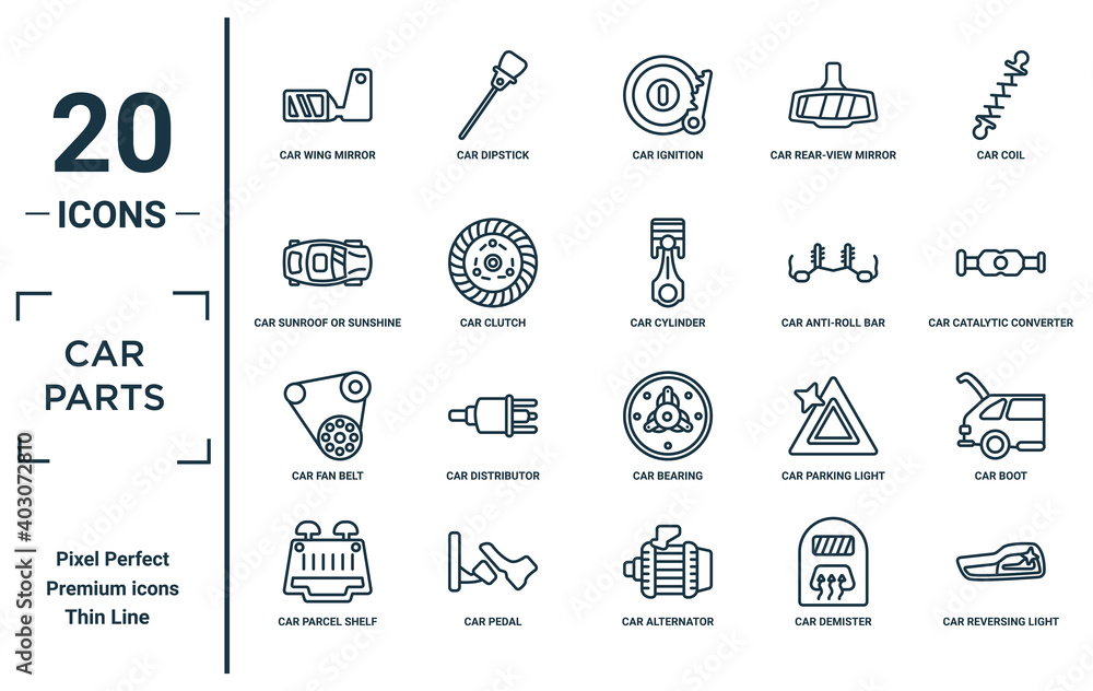 car.parts linear icon set. includes thin line car wing mirror, car ...