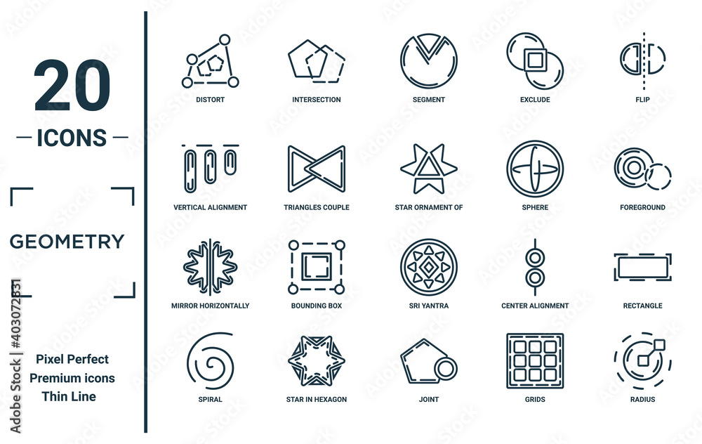 geometry linear icon set. includes thin line distort, vertical ...